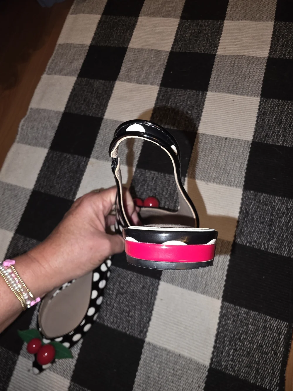Betsey Johnson Black & White Polka Dot Slingback Flats with Cherry Detail